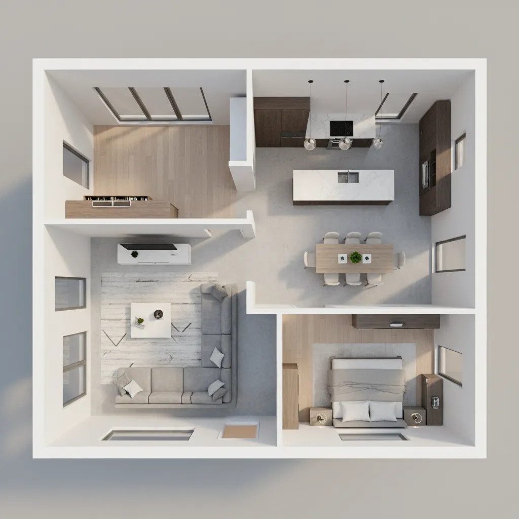 Modern apartment room layout with grey sofa dining table kitchen island bedroom and light wood floors
