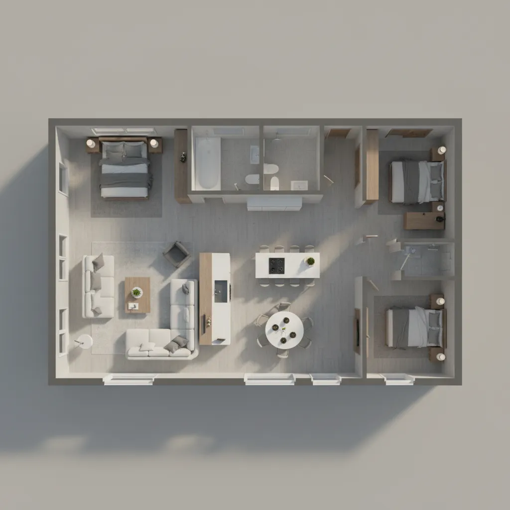 3D floor plan visualization of a 1600 sq ft house layout