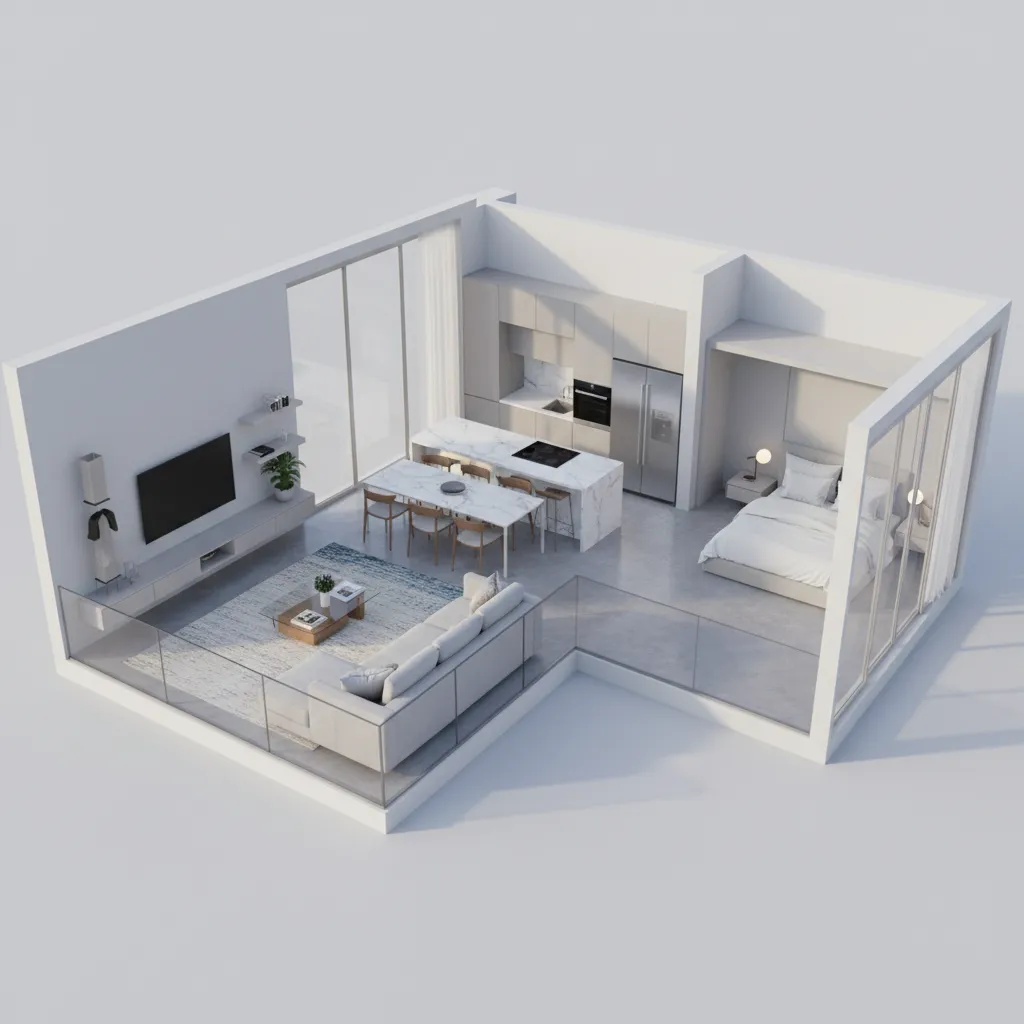 3D visualization of house floor plan showing rooms furniture and layout structure