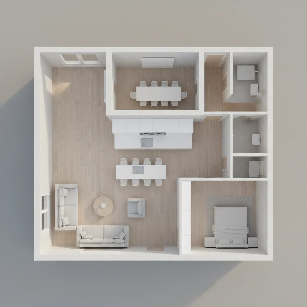 3D modeled house interior layout showing rooms and furniture placement for a game environment
