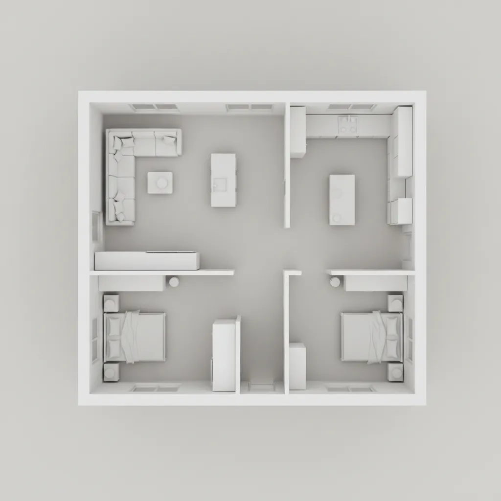 Top view layout of a 3D house environment used in game development