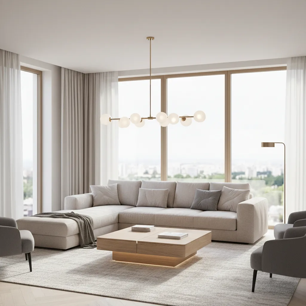 Modern bright living room featuring beige sofa wooden coffee table ceiling light and large windows