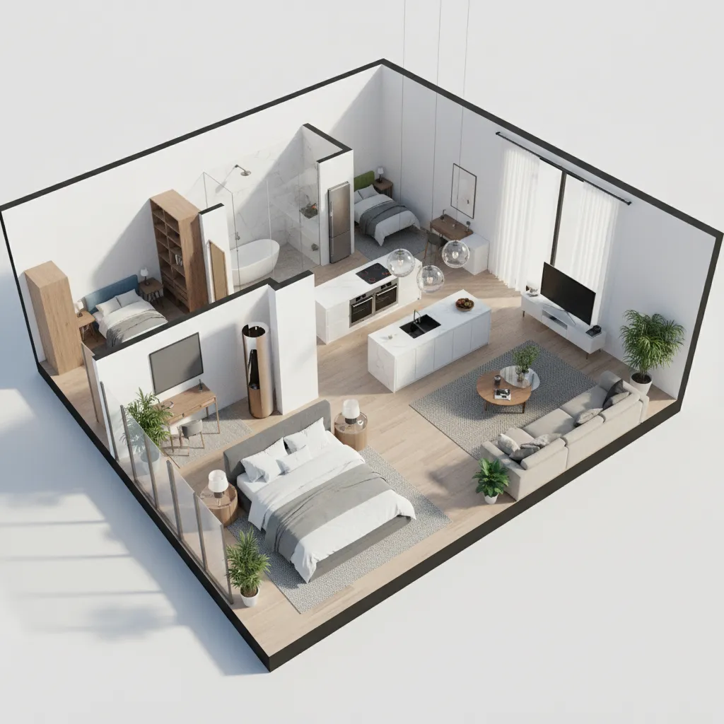 Interior design drawing showing house layout with bedrooms kitchen island living room and wood flooring