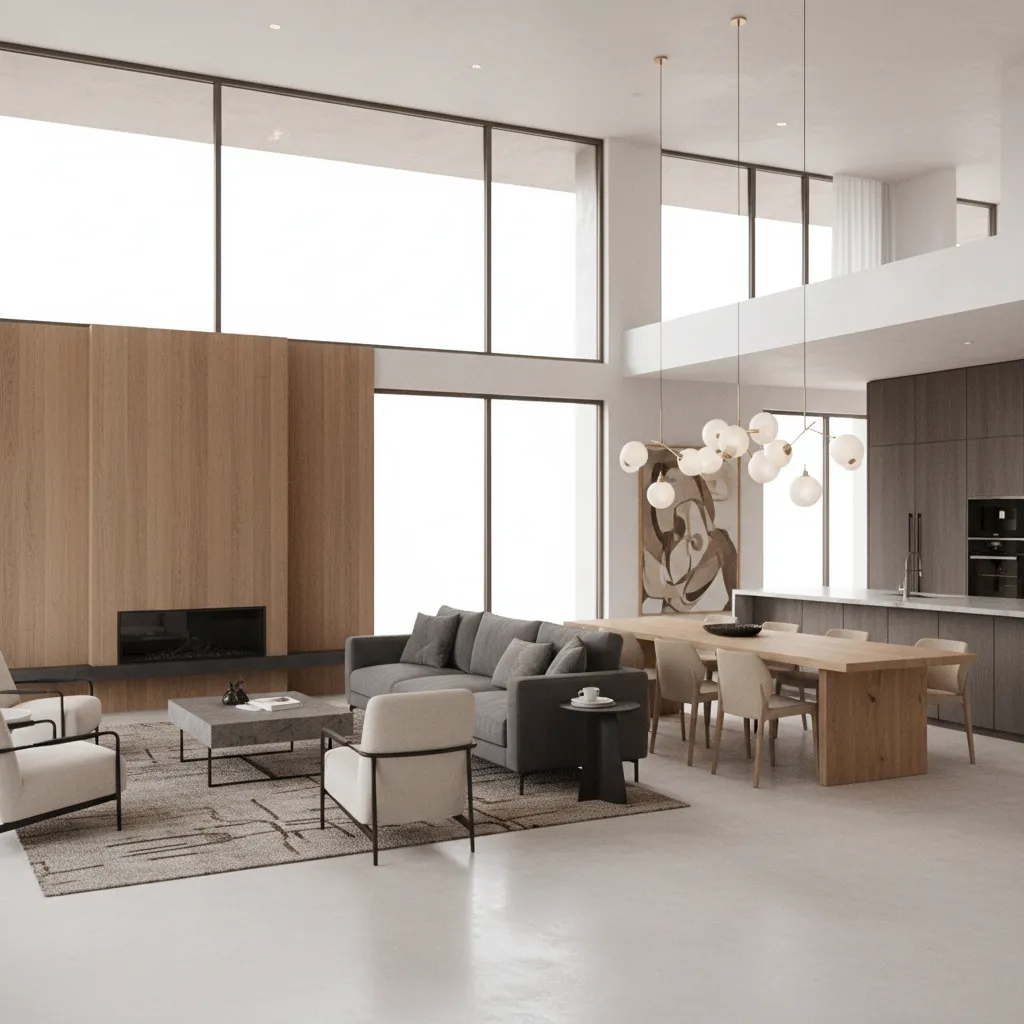 Render 3D realista de interior de casa moderna antes de la construcción