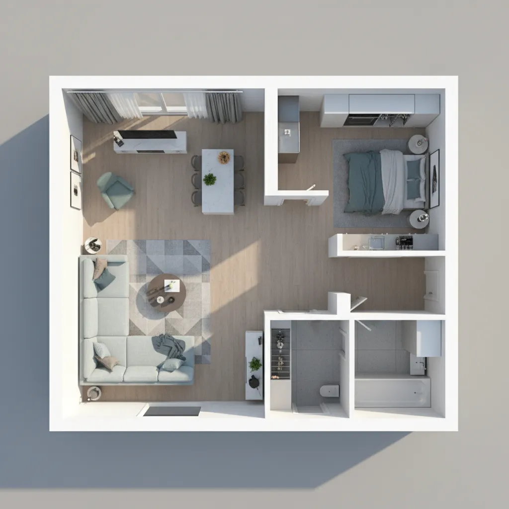 Mô hình mặt bằng nhà 3D với các phòng được bố trí nội thất