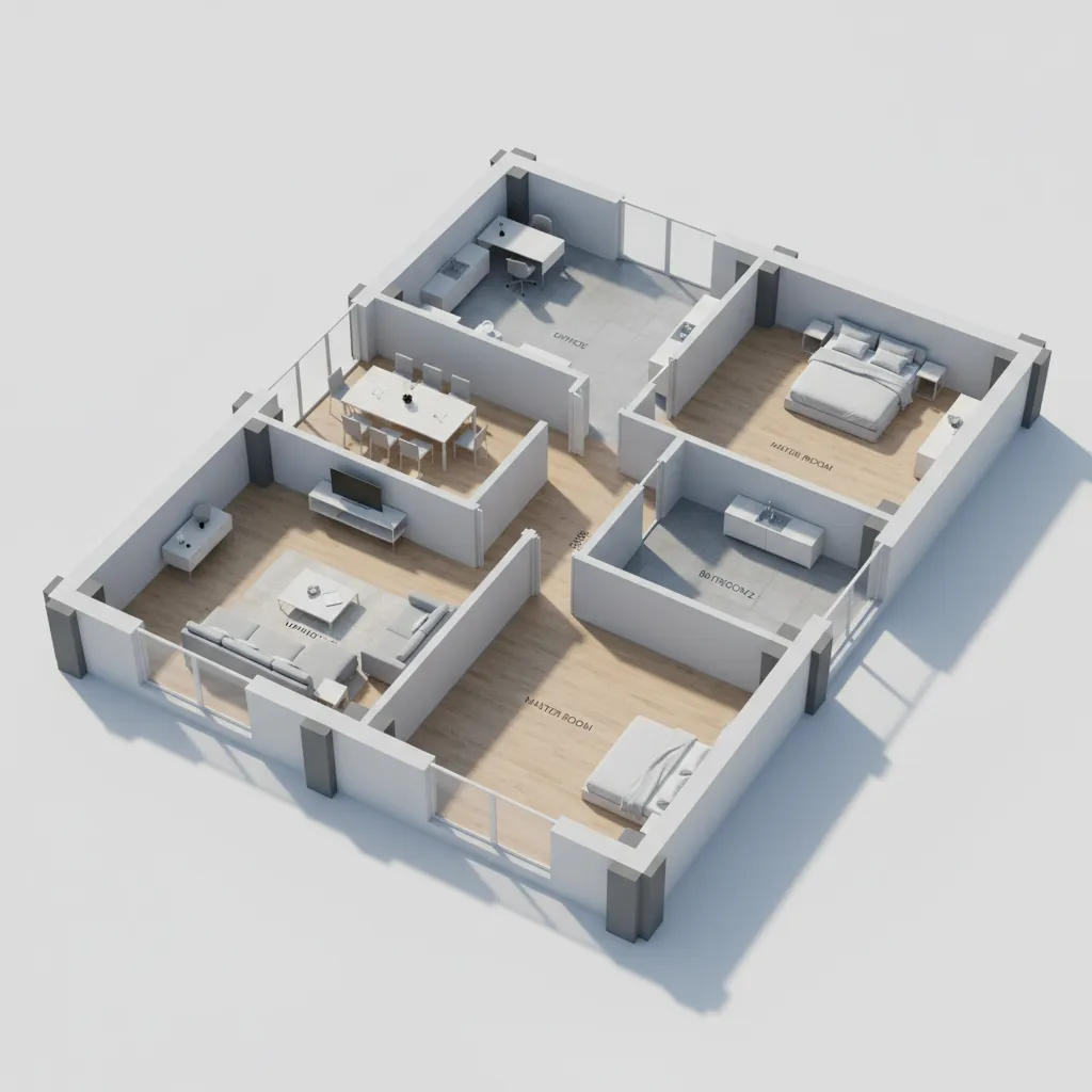 3D residential floor layout used to visualize construction materials and structural components