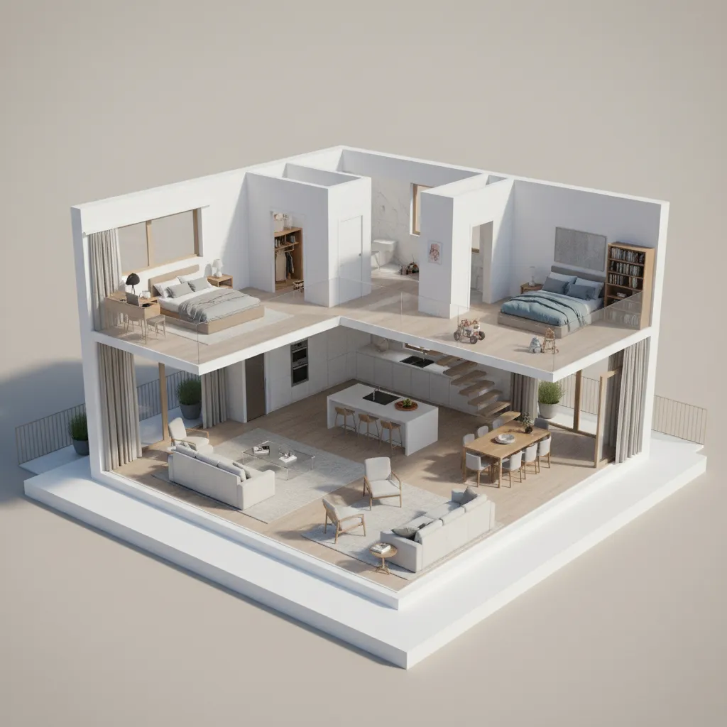 modelo 3D de plano de casa con habitaciones visibles