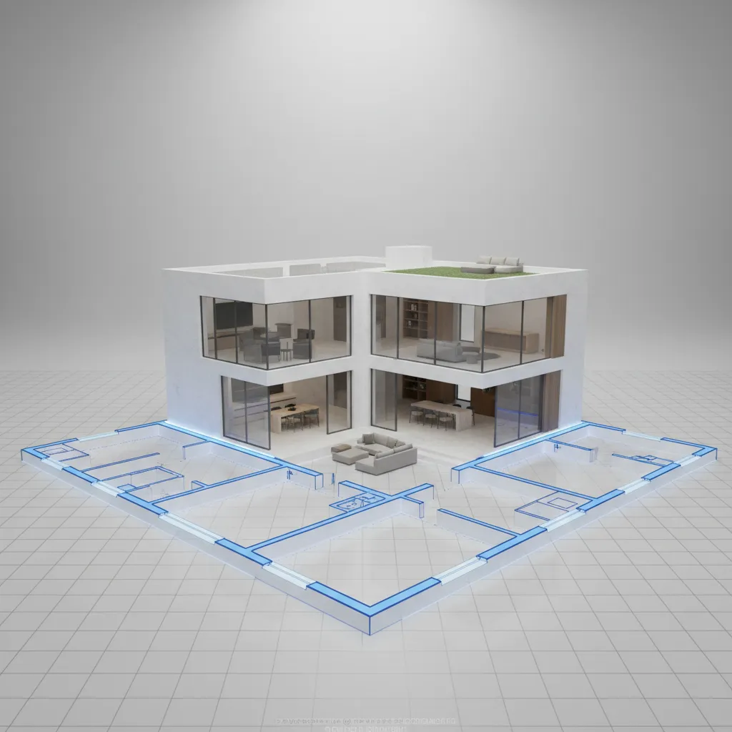 Plano digital de una vivienda transformándose en modelo 3D