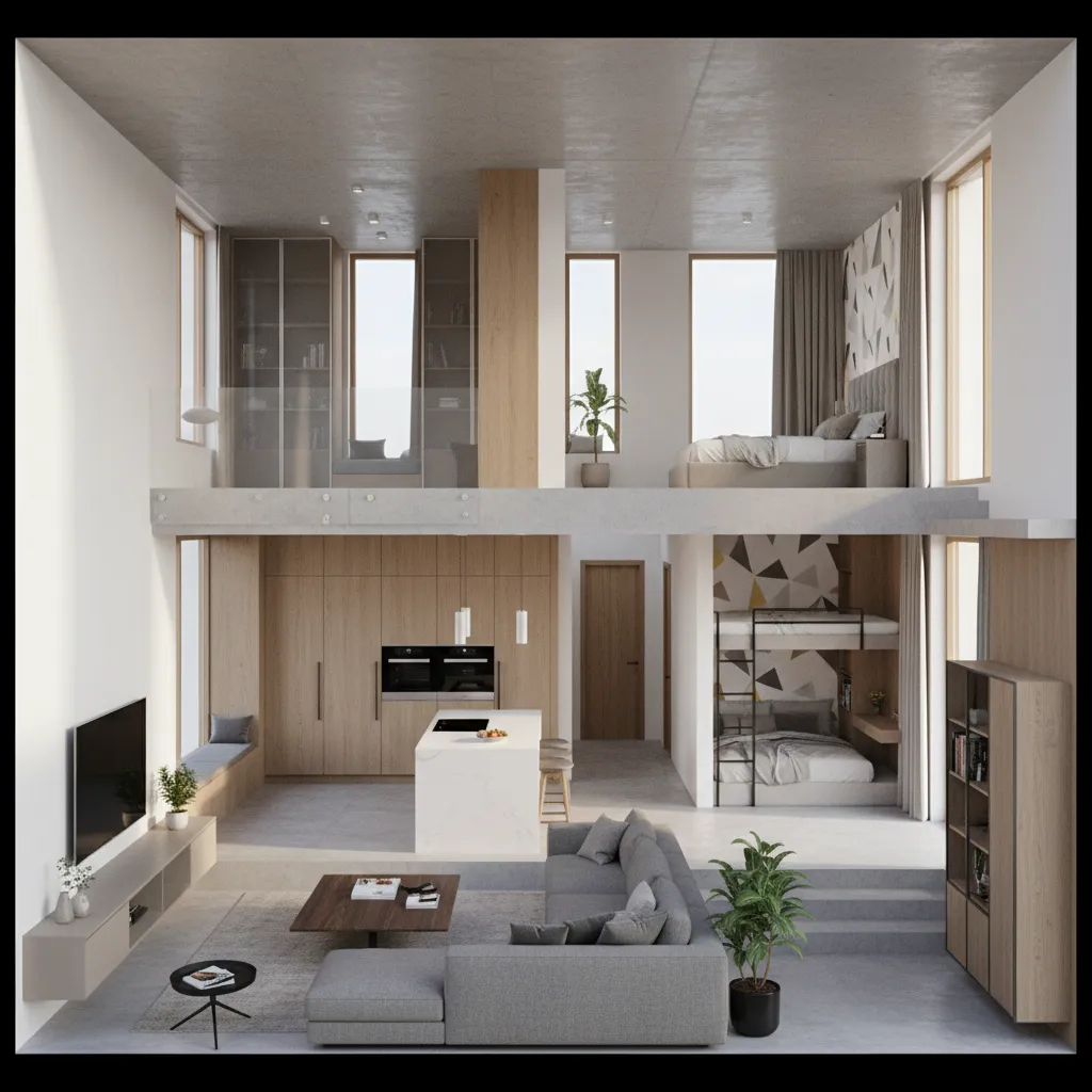 Visualización 3D de una casa mostrando salón, cocina y dormitorios