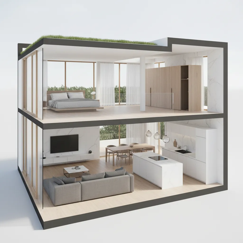 Visualización 3D de una casa moderna generada por software de planificación