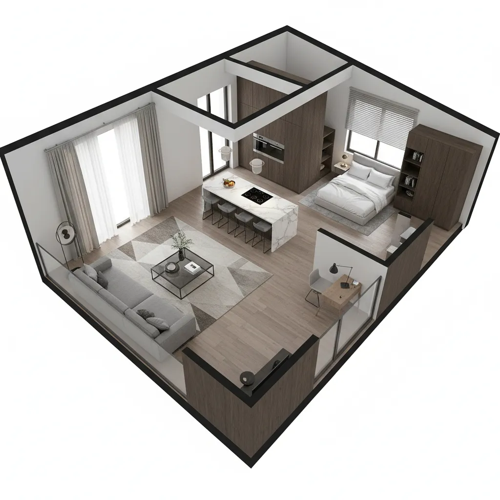 Visualización 3D de la distribución interior de una vivienda moderna