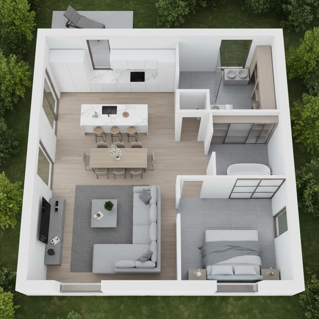 visualización 3D de la distribución interior de una casa moderna