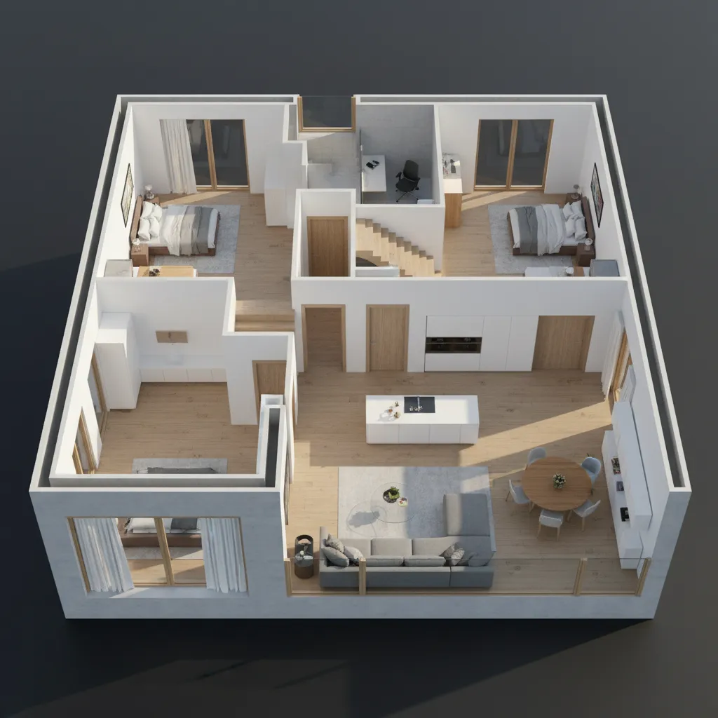 Visualisasi denah rumah dalam tampilan tiga dimensi