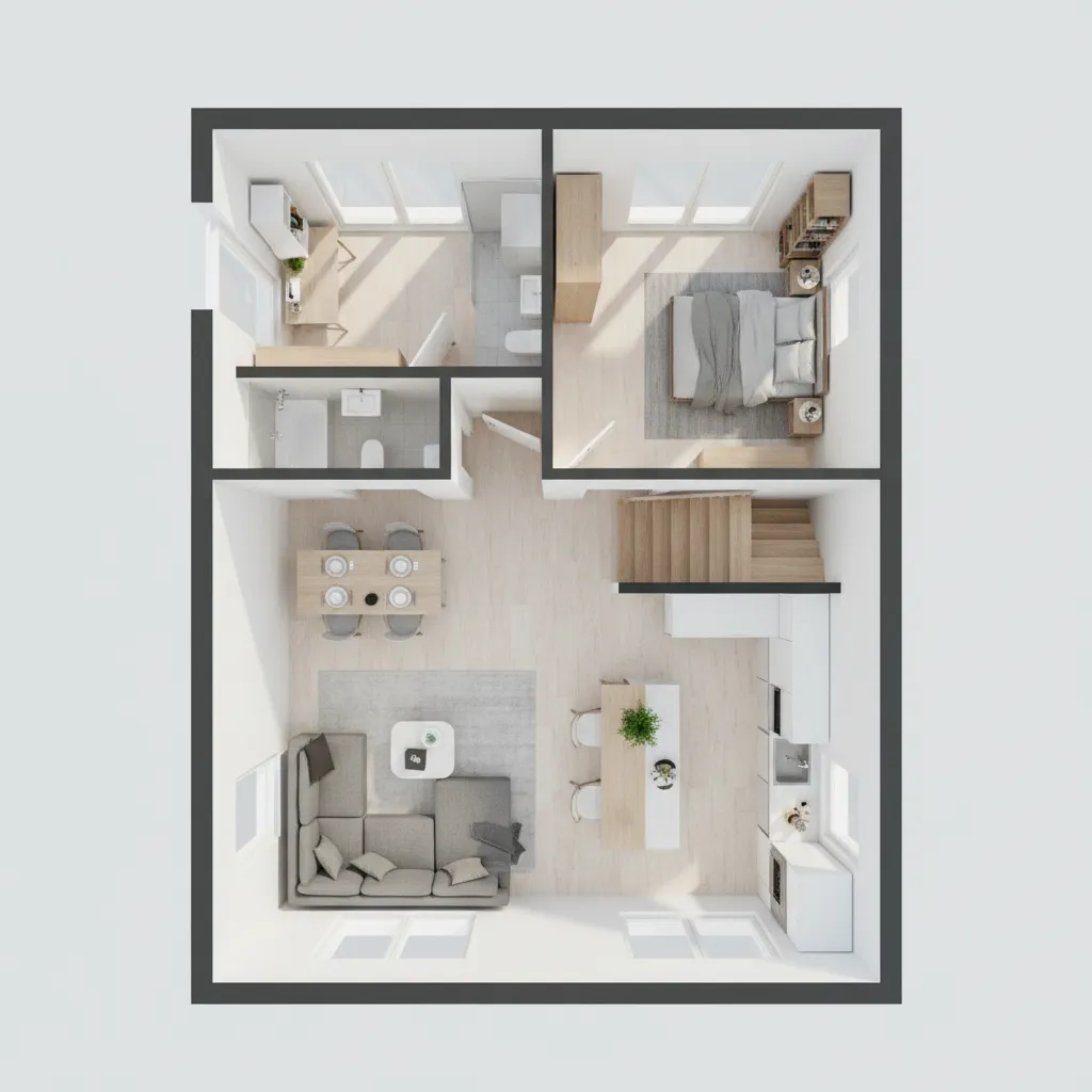 Mô hình 3D bố trí nội thất nhà 8x10m