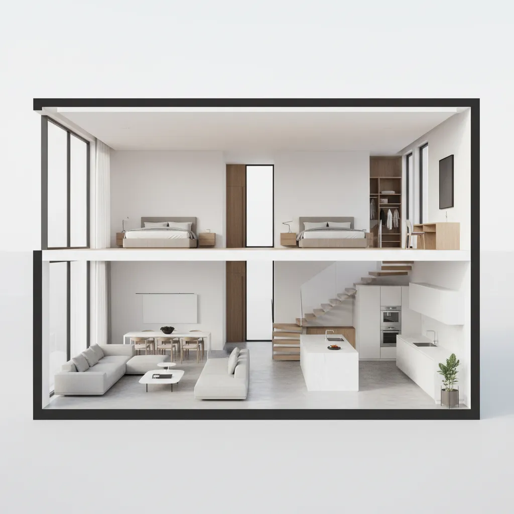 Mô hình 3D bố trí phòng trong nhà 2 tầng 100m2