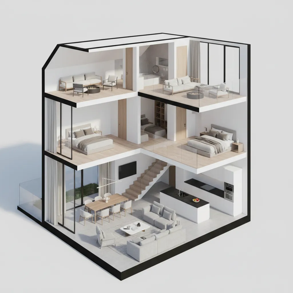 Three-story modern house cross-section showing the kitchen dining room bedrooms stairs and living room layout