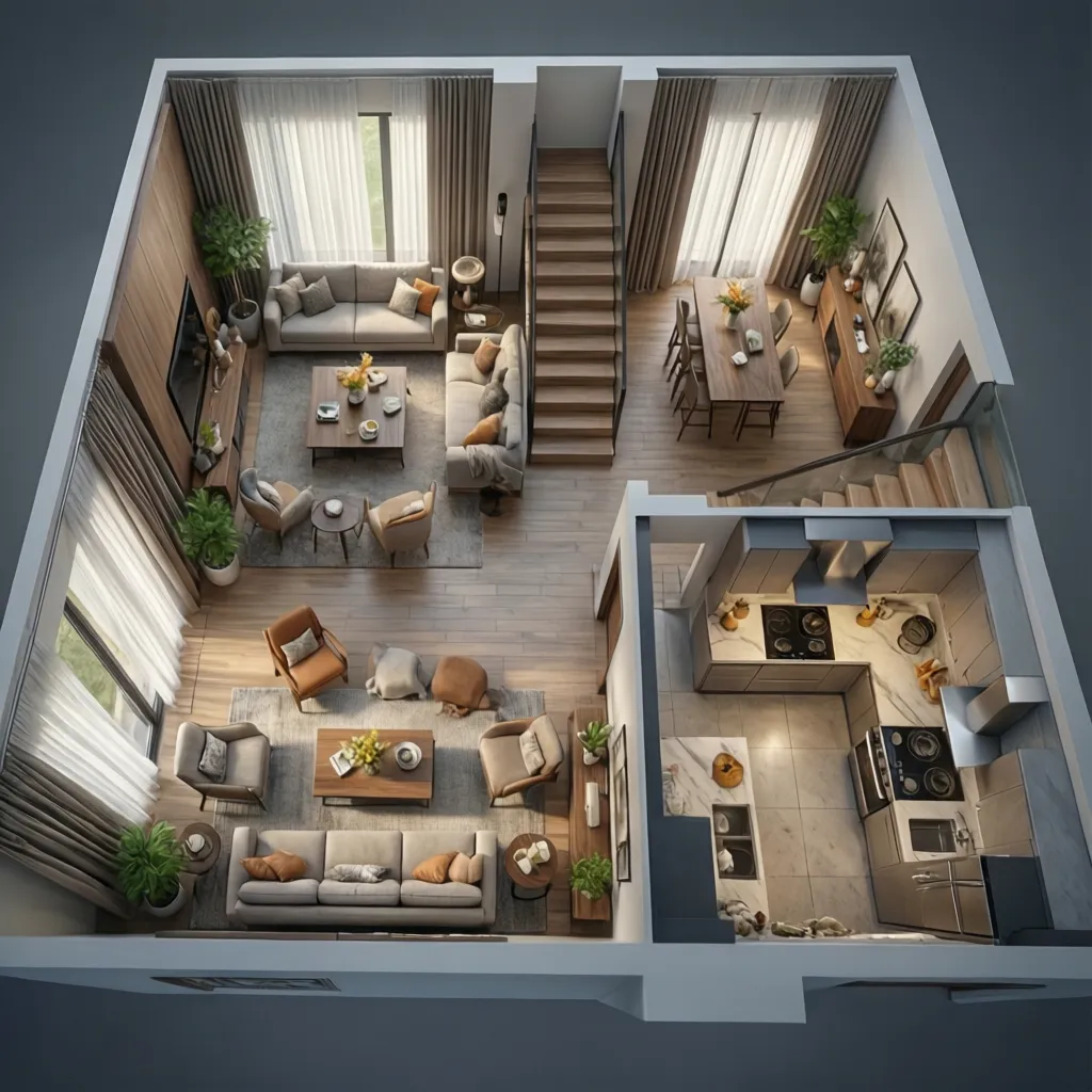 Mô hình 3D bố trí không gian nhà với phòng khách bếp và cầu thang