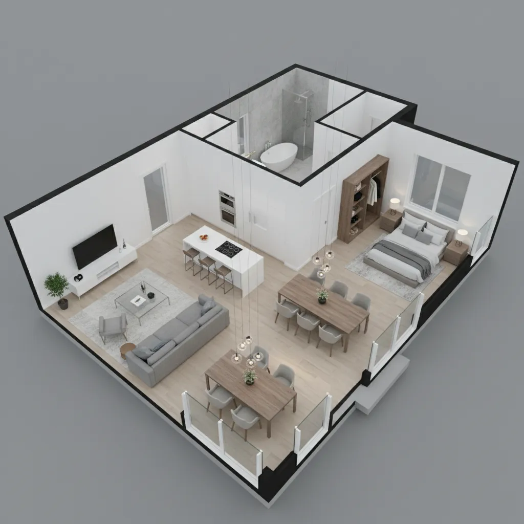 Modern interior design drawing showing open living room, kitchen island, two dining tables, and bedroom