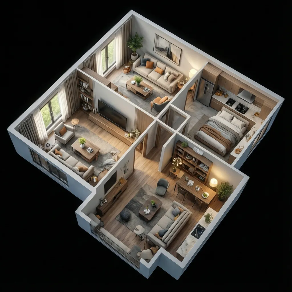 Visualización 3D de la distribución interior de una casa con muebles