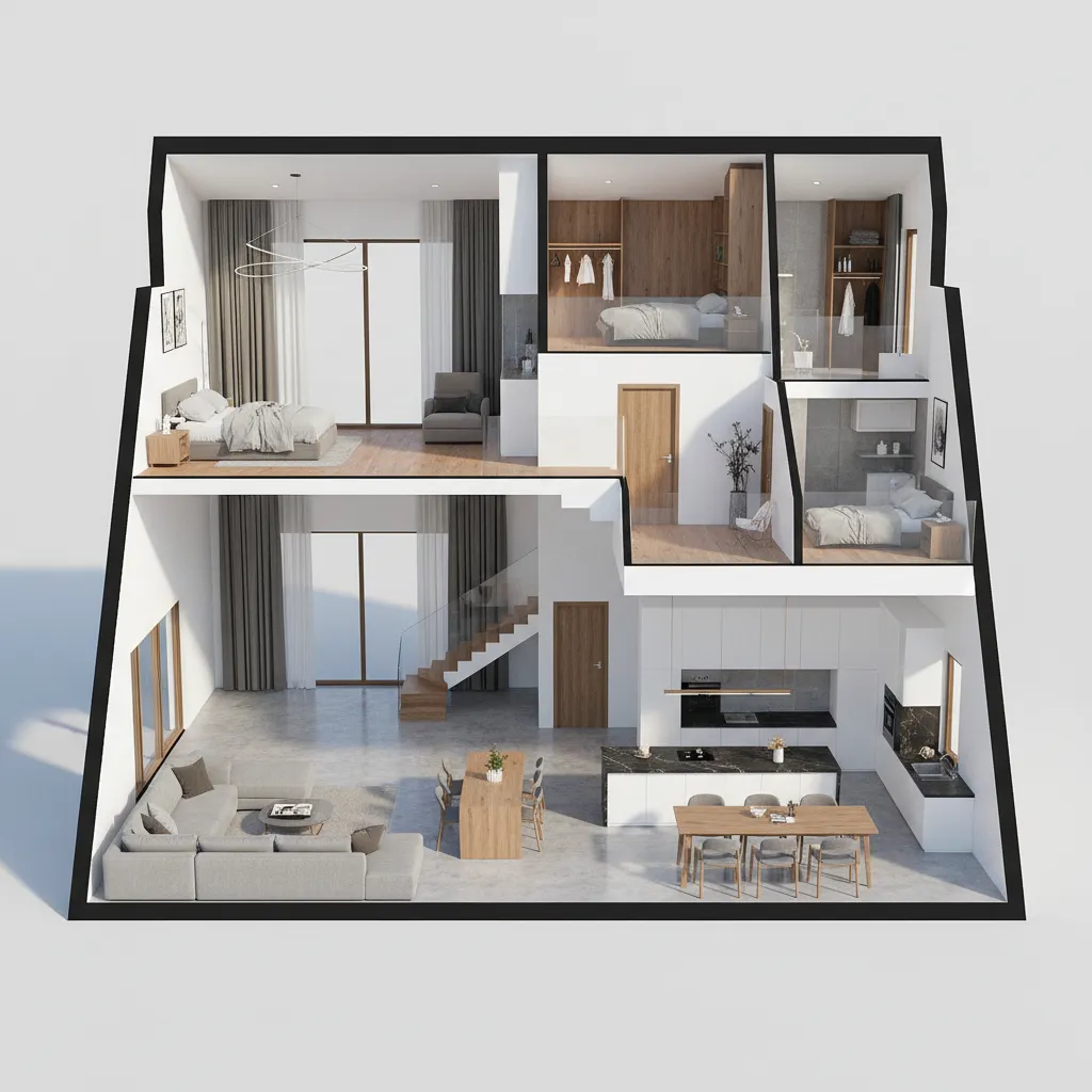 Visualización 3D de una casa moderna basada en plano arquitectónico