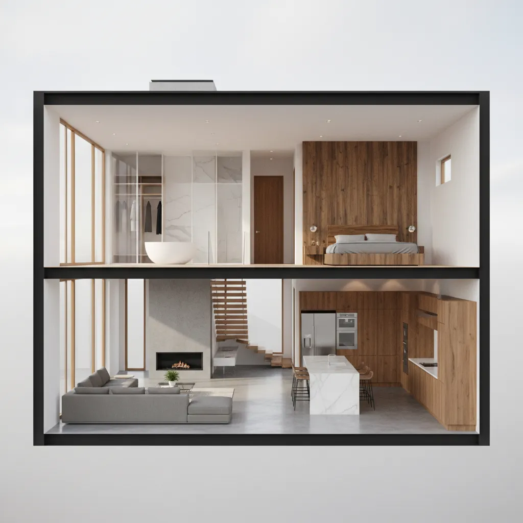 Visualización 3D de distribución interior de una casa