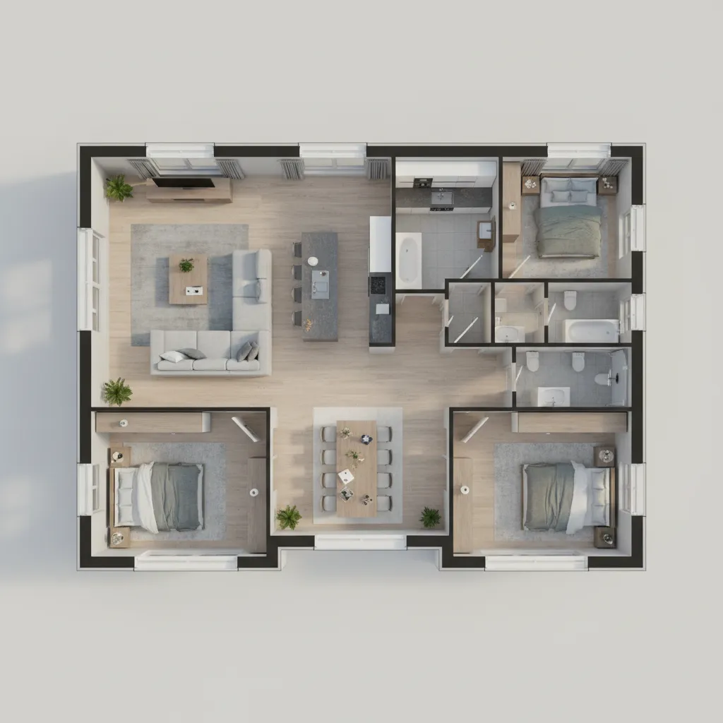 Visualização 3D de planta de casa com móveis