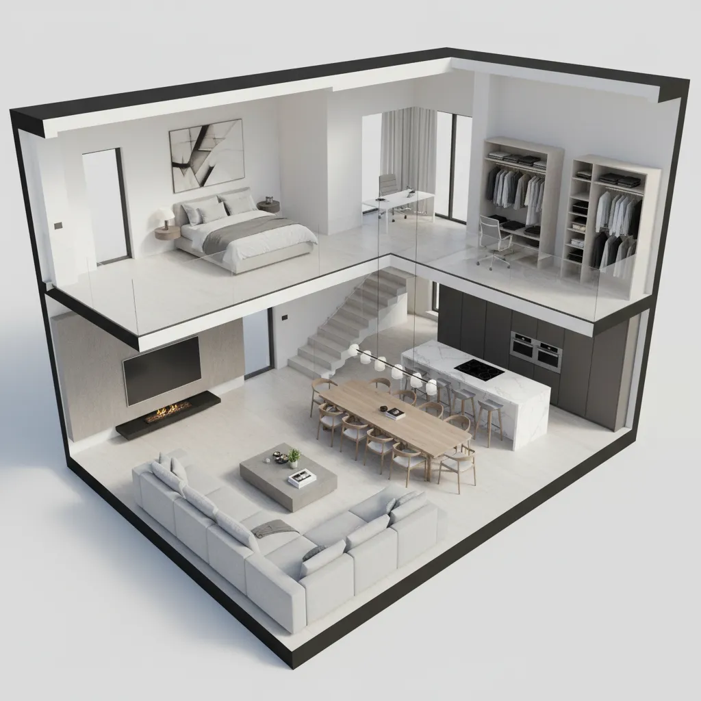 3D rendered house layout used to verify geometry and spatial proportions