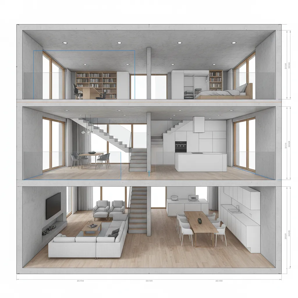 Visualización 3D de una casa con distintos niveles interiores