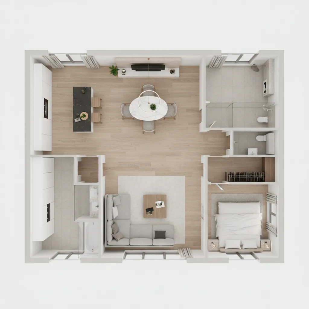 modelo 3D de una vivienda mostrando distribución de habitaciones