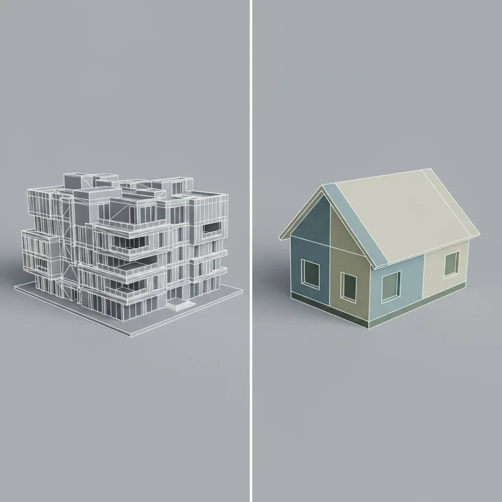 Side by side comparison of high polygon and optimized house 3D model