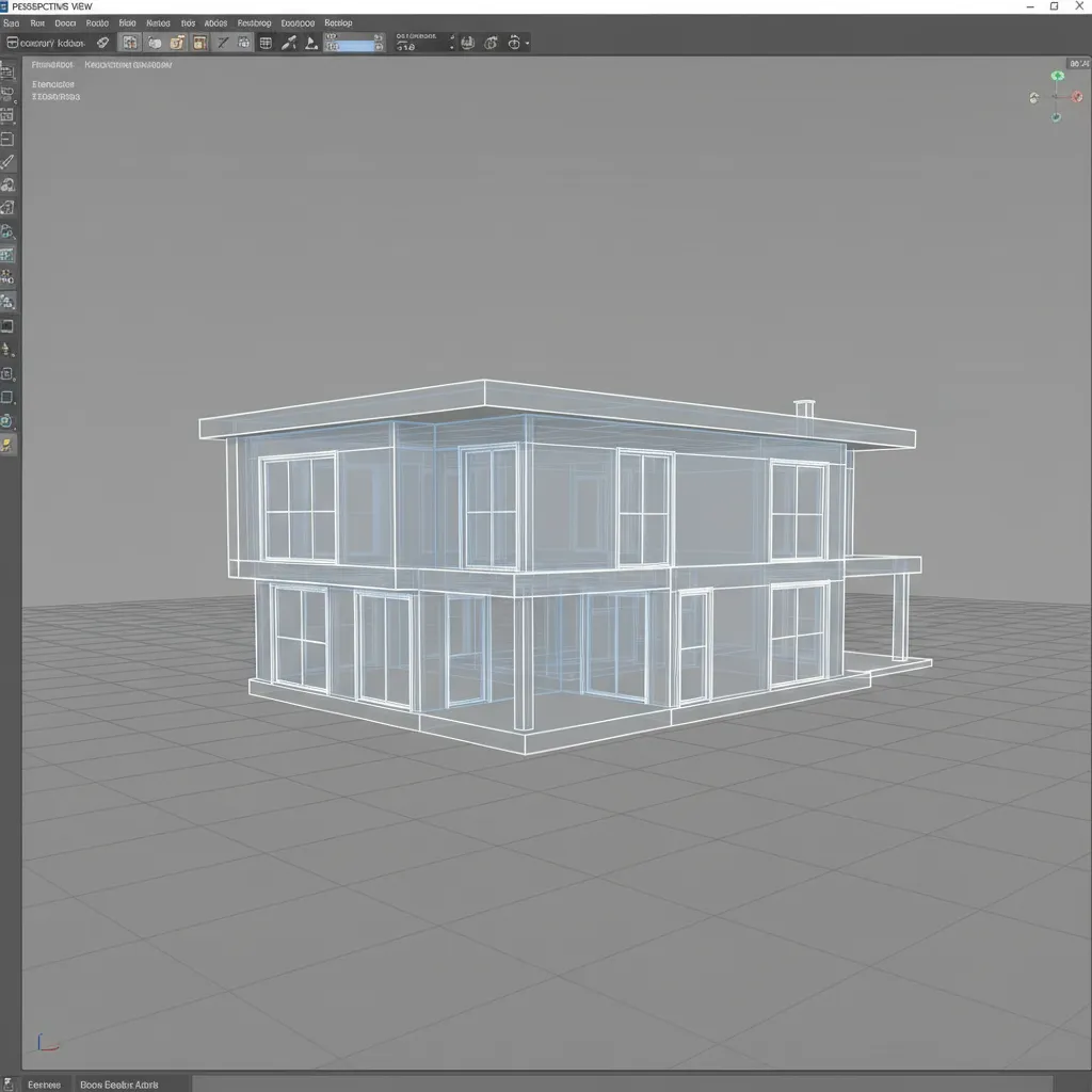 Detailed wireframe view of a 3D house model used in design software