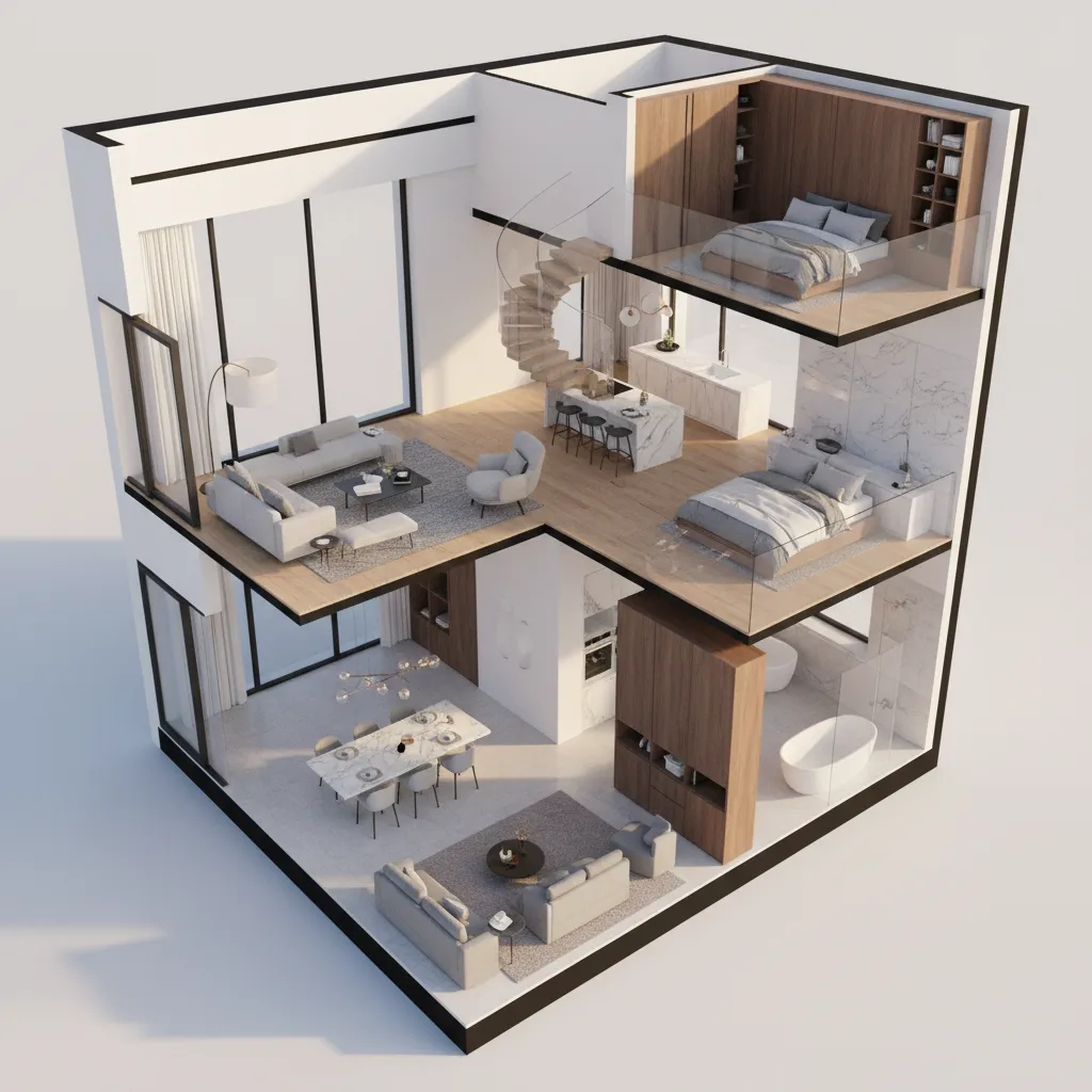Modern two-story house interior design drawing showing living room kitchen bedrooms and a spiral staircase