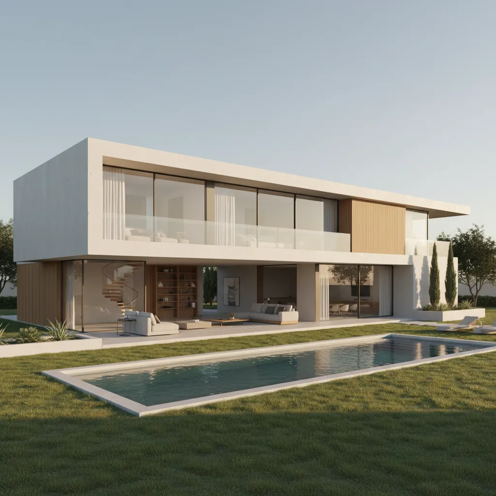 Modern luxury house interior design drawing showing large glass windows swimming pool and green lawn