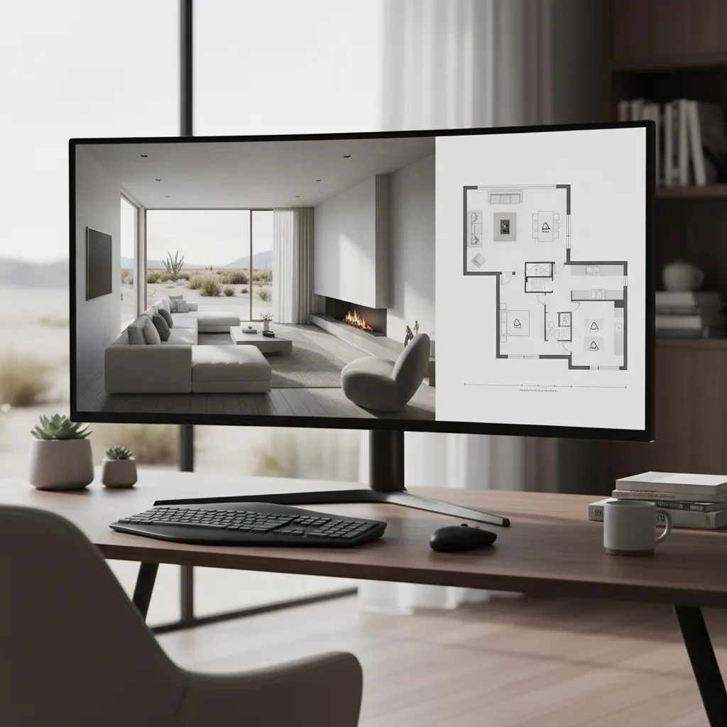 Computer monitor on wooden desk showing interior design drawing and 2D floor plan on screen