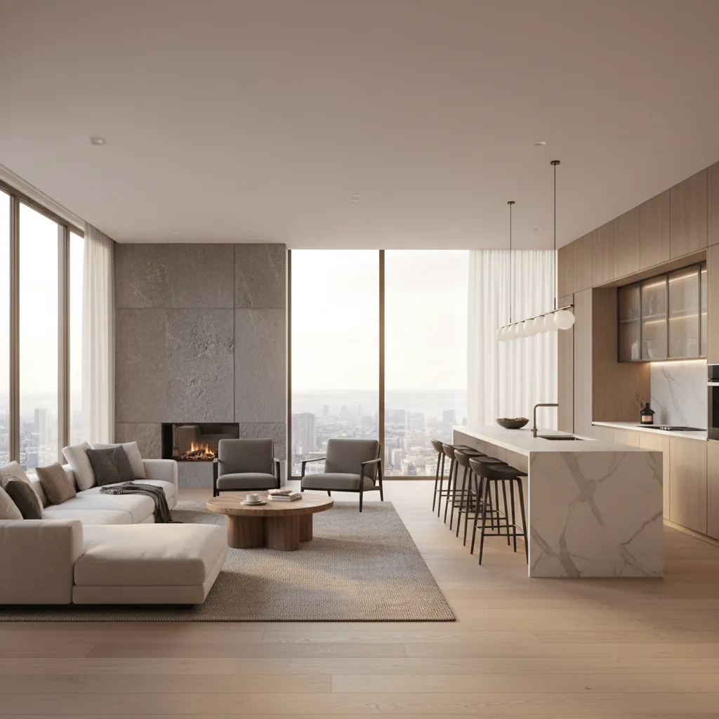 Realistic 3D rendering of a modern open living room and kitchen interior
