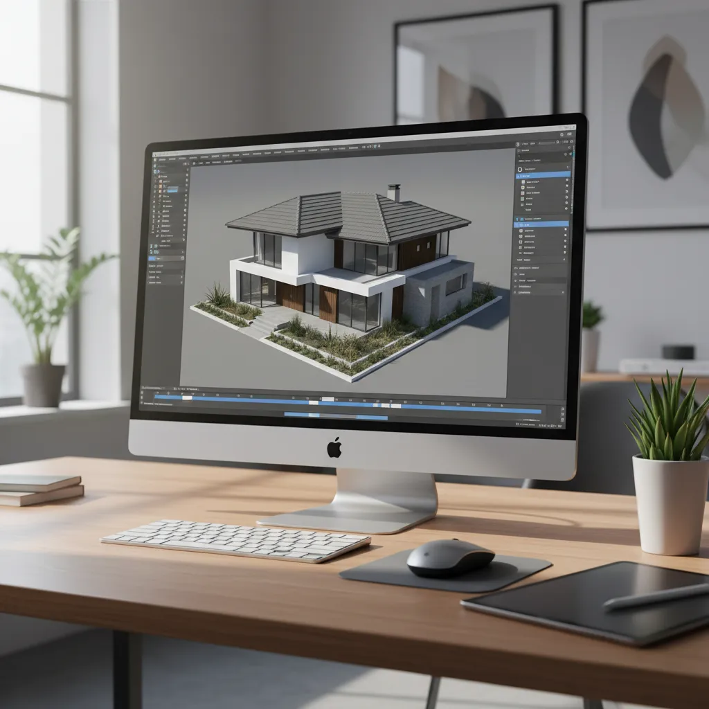 Modelo digital 3D de una casa con tejado de tejas