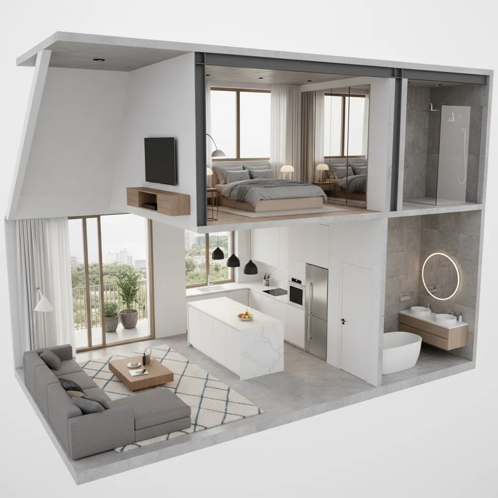 Visualización 3D de una casa mostrando varias habitaciones