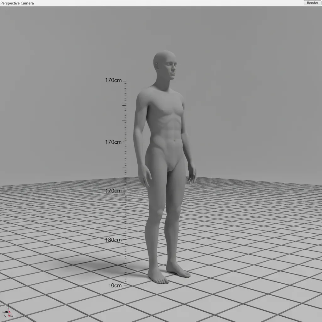 3D human reference mannequin standing on grid floor with measurement lines