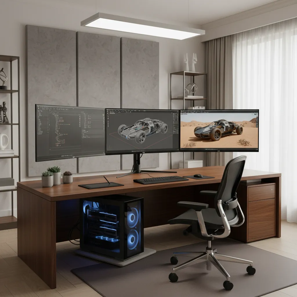 3D artist workstation with modeling software and GPU powered rendering previews