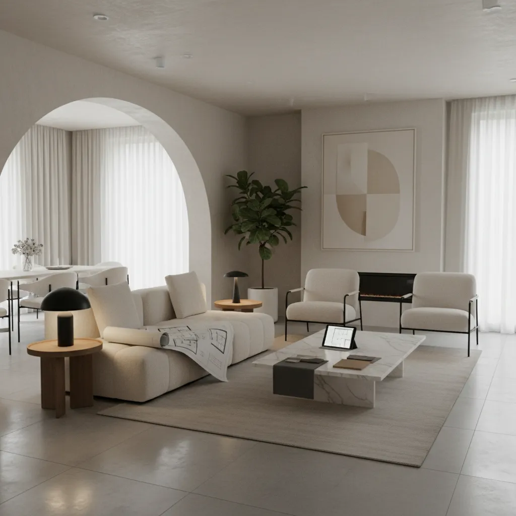 Render 3D de un salón con arco interior mostrando distribución del espacio
