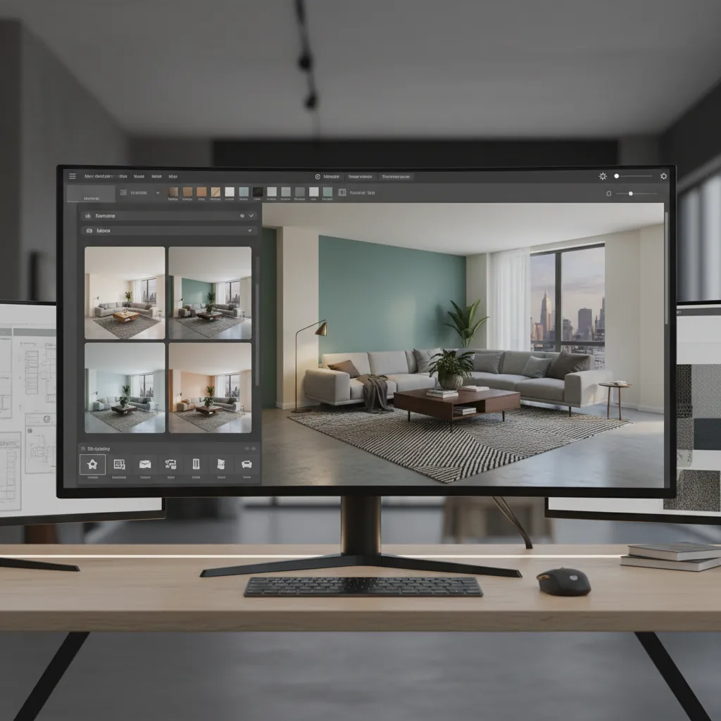 Computer monitor showing interior design software with living room layout options and interior design drawing