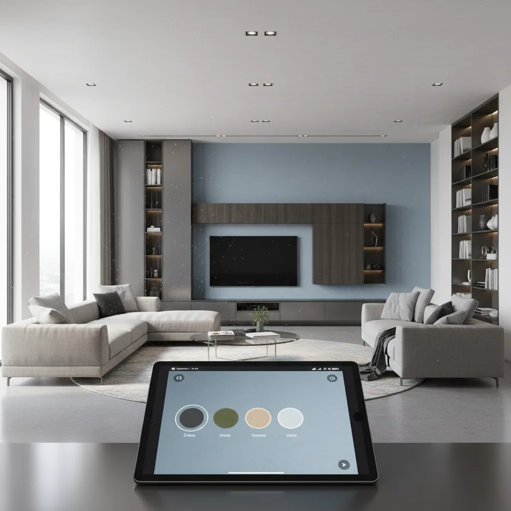 Render 3D de una habitación mostrando pruebas de color en paredes y muebles