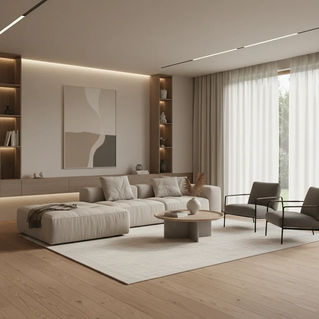 Minimalist beige living room featuring a long sofa two grey chairs wooden floor and windows