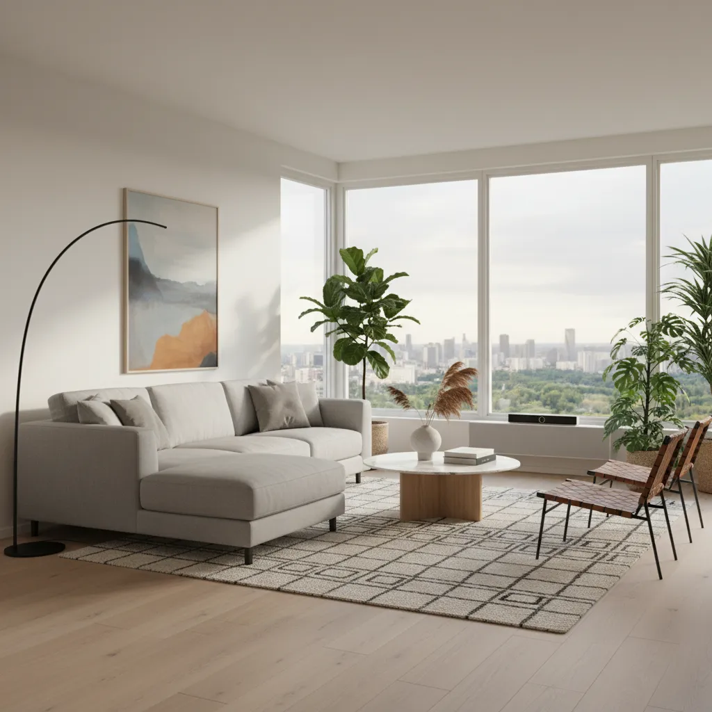 Modern living room with grey sofa marble table green plants and city view through windows