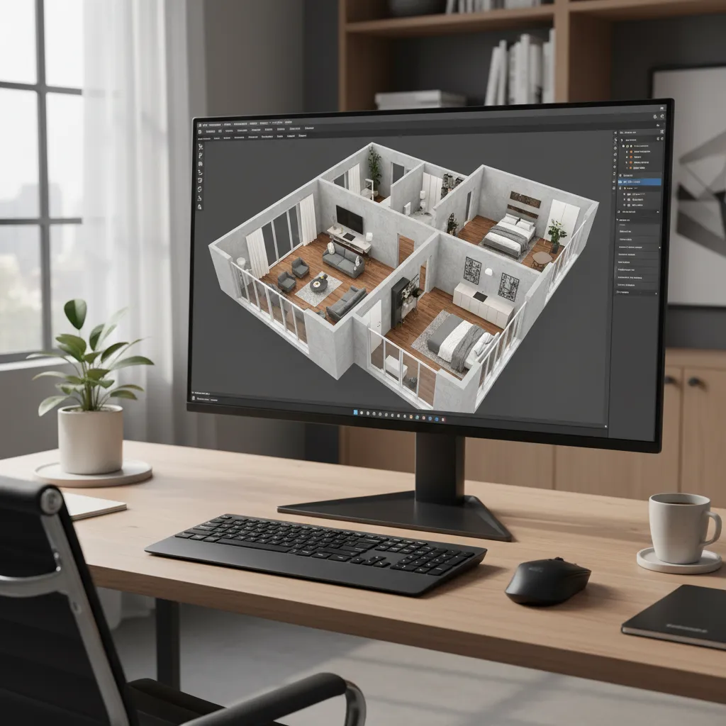 Pantalla con plano 3D de interiorismo en proceso de diseño