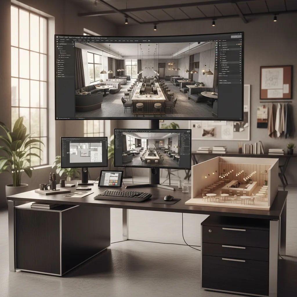 Workspace with screens showing interior design drawings and a miniature scale model of a restaurant