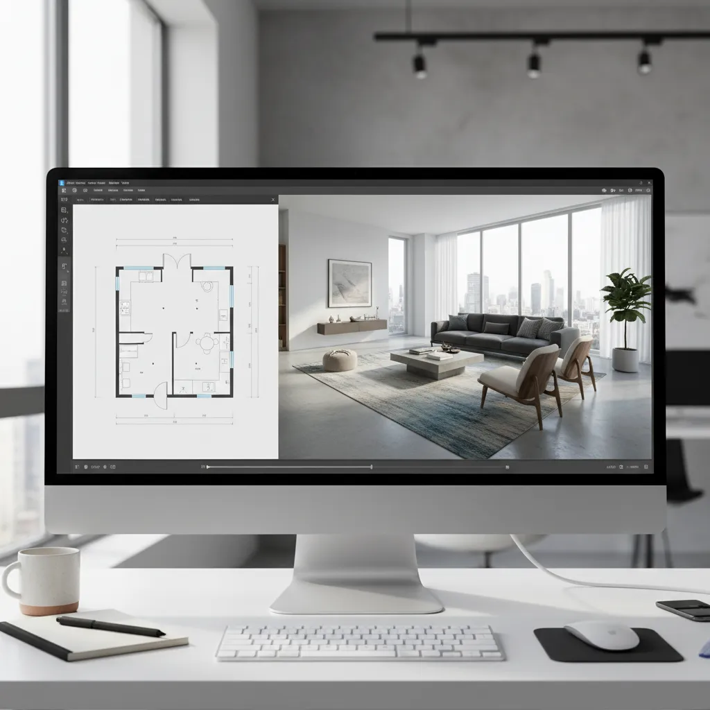 Interfaz de software de diseño mostrando plano y vista 3D de un salón