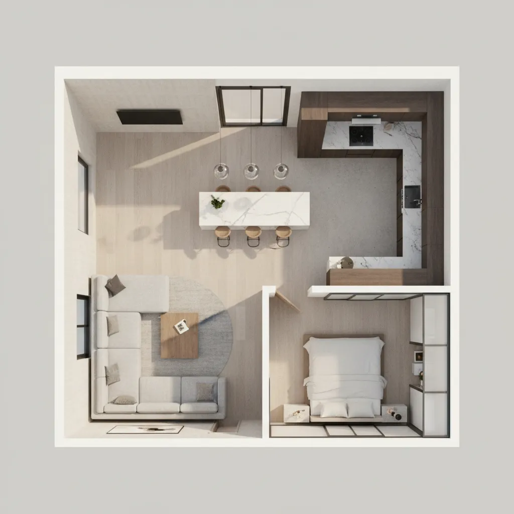 Plano digital de una vivienda con distribución de muebles en 3D