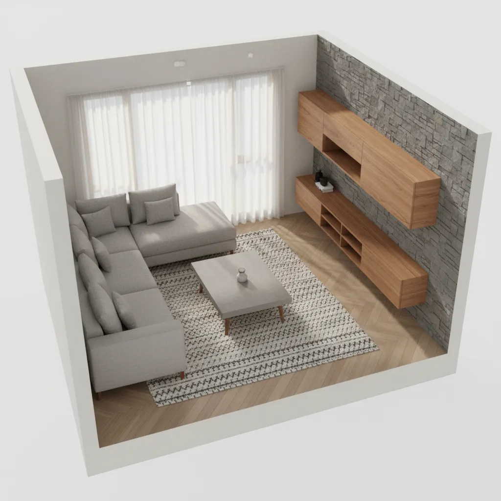 3D interior model showing furniture layout planning inside a modern apartment