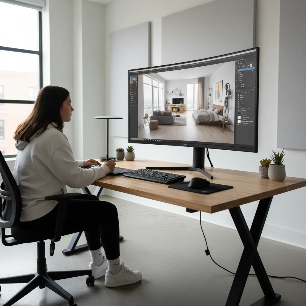 Estudiante creando un modelo 3D de interiorismo en ordenador